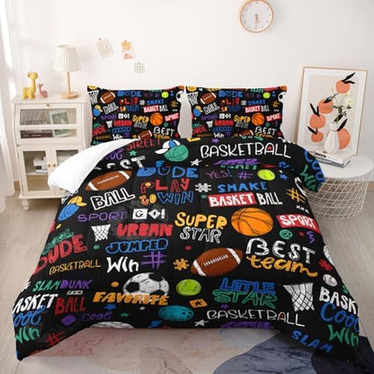 Nttopship Sports Ball King Comforter Set,Football Rugby Basketball Bedding Set for Kids Boys Girls Youth Ball Sports Themed Bedroom Decor Bedding Set 3 Pcs Bed in A Bag (1 Comforter, 2 Pillow Case)