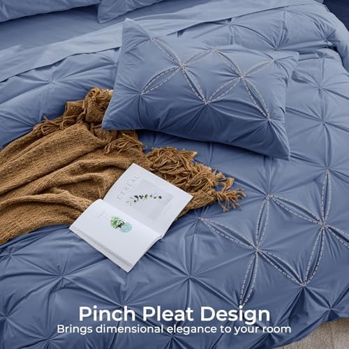Sasttie Twin Comforter Set, 5-Piece Bed in a Bag, Pintuck Bedding Sets for All Season, Includes Comforter, Flat Sheet, Fitted Sheet, Pillowcase and Pillowsham, Slate Blue