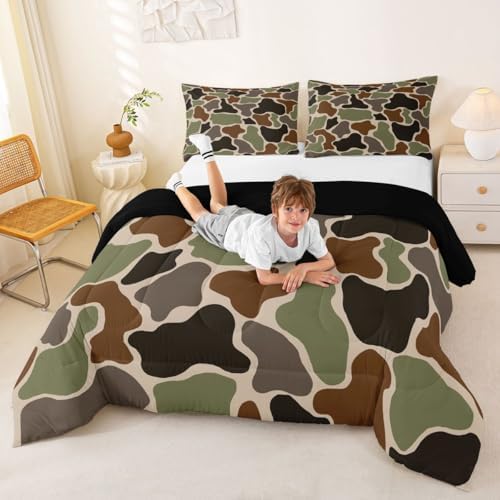 Feelyou Green Camo Kids Comforter Set Toddler Size Camouflage Hunting Bedding Set Military Style Duvet Quilt for Kids Boys Girls Bedroom Army Green Decor Microfiber Ultra Soft Breathable