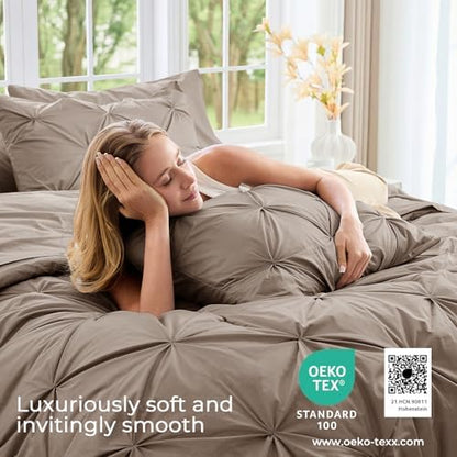 Sasttie Oversized Queen Comforter Set, 7-Piece Bed in a Bag, Pintuck Bedding Sets for All Season, Includes Comforter, Flat Sheet, Fitted Sheet, Pillowcases and Pillowshams, Dark Linen