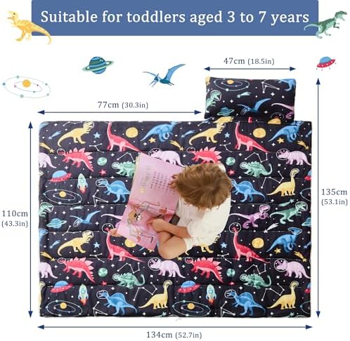 Toddler Nap Mat for Preschool 50''x30'' Sleeping Mat with Removable Pillow and Minky Blanket for Kids Ages 3-7 Roll Up Soft Sleeping Bag for Boys Girls Kindergarten Daycare Sleepover