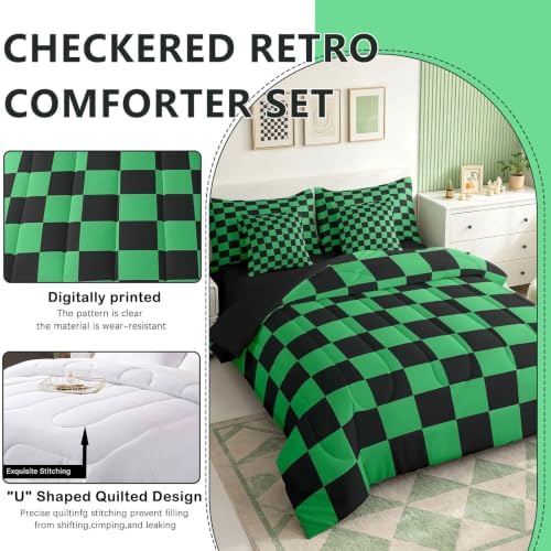 Feelyou Checkered 7 Piece Bedding Set Teen Green Black Plaid Comforter Set with Sheets King Size Kids Boys Cute Retro Neutral Checkerboard Geometric Bed in a Bag Vintage Aesthetic Room Decor