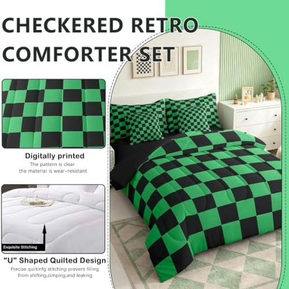 Feelyou Checkered 7 Piece Bedding Set Teen Green Black Plaid Comforter Set with Sheets Full Size Kids Boys Cute Retro Neutral Checkerboard Geometric Bed in a Bag Vintage Aesthetic Room Decor