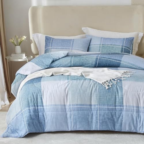 LifeTB Queen Comforter Set Modern Style Checkered Pattern Comforter for Men Boys Blue Plaid Printed Geometric Comforter with 2 Pillow Shams Fluffy Boho Grid Checkered Comforter Set Queen Size