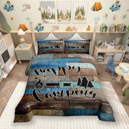 Camping Adventure Comforter Set Twin Size,Camper RV Trailer Decor Bedding Set 2pcs for Kids Boys Girls Adults,Retro Wooden Plank Cottage Down Comforter,Rustic Farmhouse Duvet Insert,1 Pillowcase