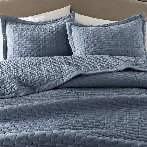 WDCOZY Dusty Blue Twin Size Quilt Set, Geometric Box Lightweight Bedspread, Soft Farmhouse Rustic Coverlet, Spring Summer Thin Comforter, Country Bedding, 68x90 inches