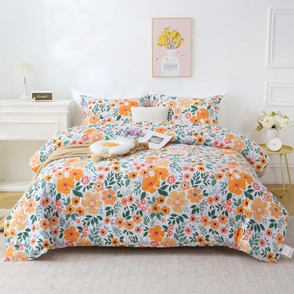 Mooreeke Floral Queen Size Comforter Sets, Green and Yellow Botanical Patterned Bedding for All Seasons, 3-Piece Vintage Bed in a Bag with Fluffy Quilted Reversible Comforter & 2 Pillow Shams