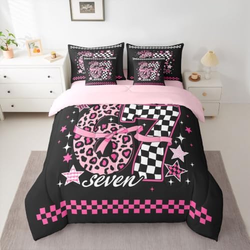 Erosebridal Pink Black Girly Fashion Twin Comforter Set 7 Piece for Girls 67 Bow Bedding Set Leopard Print Plaid Number Bed in A Bag Fashion Trendy Y2K Style Sheet Set with Comforter