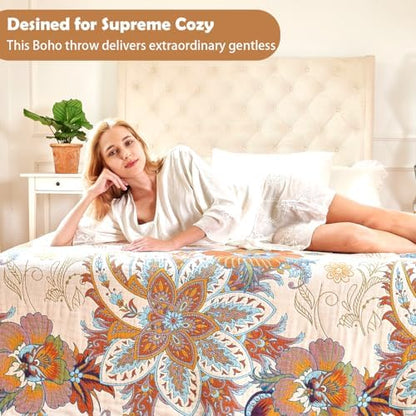 VANJOROY Boho Throw Blanket, 100% Organic Cotton Breathable Skin-Friendly Ultra Soft Bed Quilt Throw - All Season Floral Bird Farmhouse Décor Luxury Blanket for Sofa Couch Chair and Gift. 80" x 90"