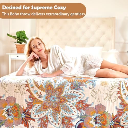 VANJOROY Boho Throw Blanket, 100% Organic Cotton Breathable Skin-Friendly Ultra Soft Bed Quilt Throw - All Season Floral Bird Farmhouse Décor Luxury Blanket for Sofa Couch Chair and Gift. 91" x 98"