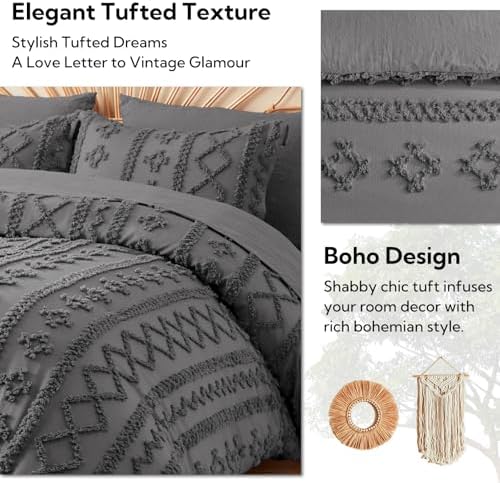 MR&HM Twin XL Comforter Set 5 Pieces Dark Grey, Boho Tufted Bed for Dorm