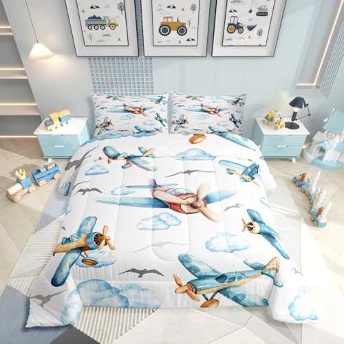 Erosebridal Boys Cartoon Propeller Plane King Size Comforter Set, Aircraft Airplane Bedding Set, Blue Clouds Comforter for Kids Child Girls Adults Bedroom, Flying Birds Animals Duvet Insert