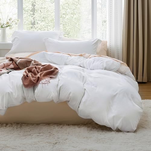 Bedsure Prewashed Duvet Cover King, Cotton-Like Soft Bedding Set, White
