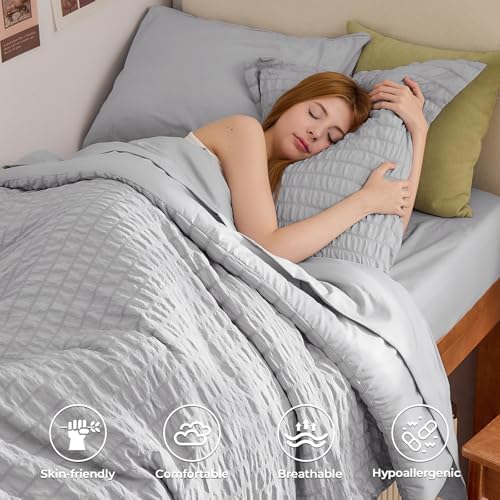 HYMOKEGE Light Grey Twin Comforter Set Seersucker 5 Pieces, All Season Luxury Bed in a Bag for Bedroom, Bedding Set with Comforters, Sheets, Pillowcase & Sham