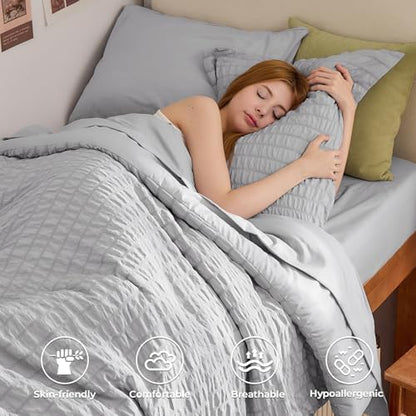 HYMOKEGE Light Grey Twin XL Comforter Set Seersucker 5 Pieces, All Season Luxury Bed in a Bag for Bedroom, Bedding Set with Comforter, Sheets, Pillowcase & Sham