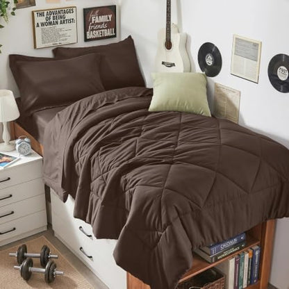 HEVUMYI 5-Piece Twin Comforter Set, Brown Bed in a Bag