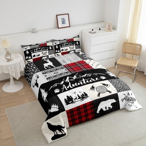 Castle Fairy Deer Antlers Comforter Set Queen Size,Bear Pine Wolf Hunting Camper Bedding Set for Women Adult,Adventure Rustic Farmhouse Red Plaid Luxury Bed Duvet Insert, 2 Pillowcases