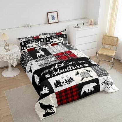 Castle Fairy Deer Antlers Comforter Set Queen Size,Bear Pine Wolf Hunting Camper Bedding Set for Women Adult,Adventure Rustic Farmhouse Red Plaid Luxury Bed Duvet Insert, 2 Pillowcases