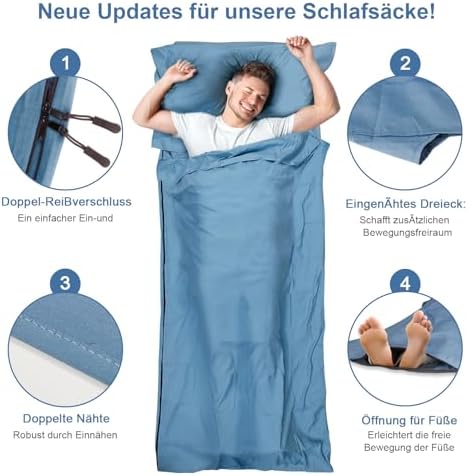 Sleeping Bag Liner, Updated Adult Sleep Sack & Travel Sheets with Foot Zipper, Lightweight and Portable Camping Sleeping Bag Liners - Ideal for Backpacking, Hostels and Camping