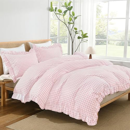 Andency Pink Gingham Duvet Cover Queen, Ruffle Shabby Bedding Set 3 Pcs