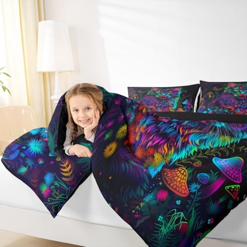 Manfei Neon Cat Kids Comforter Set Full Size,Daisy Flowers Mushroom Botanical Rustic Bedding Set,Girls Boys Room Decor,Butterfly Leaf Jungle Quilt Comforter,Farmhouse Retro Duvet Insert,2 Pillowcases