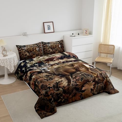 Feelyou Cute Deer Comforter Set King Size for Girls Boys Kids Deer Hunting Bedding Set Room Decor American Flag Camo Bedding Set Cabin Deer Brown Duvet Set 3Pcs Quilt Set