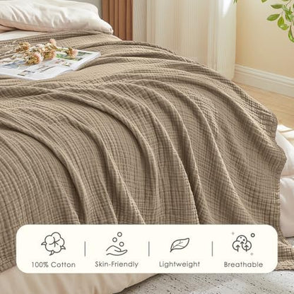 EMME Muslin Blankets for Adults Throw Blanket for Couch Breathable Gauze Soft Lightweight Airy Tan Throw 50" x 60"