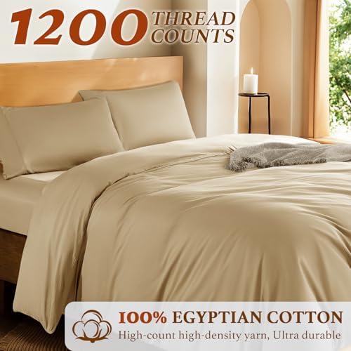 DEITAS 100% Cotton Queen Duvet Covers 3 Piece,1200 Thread Count，Beige