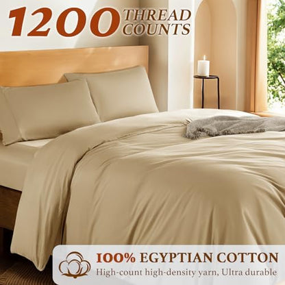 DEITAS 100% Cotton Queen Duvet Covers 3 Piece,1200 Thread Count，Beige