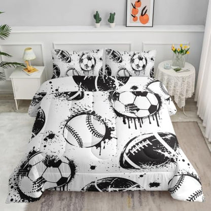 Axolotl Ball Sports Comforter Set King,Football Soccer Bedding for Boys,Football Baseball Game Comforter,Baseball Sport Bedding,Hip Hop Graffiti Artwork Bed Set for Kids Men,1 Quilt 2 Pillowcases
