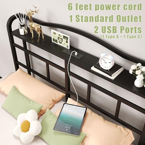 SHOANED 18 Inch Metal Bed Frame - Twin Size Black Heavy Duty Bedframe Platform Basic Mattress Foundation with Headboard & Charging Station No Box Spring Needed/Easy Assembly/Noise-Free