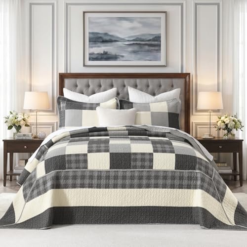 SahSahCasa 128"x120" Oversized King Quilt Set, 100% Cotton, California King Bedspread Coverlet, Cal King Quilted Bedspread Extra Large Quilt, XL Bed Spread Lightweight Comforter, 3pc, Charcoal/Cream