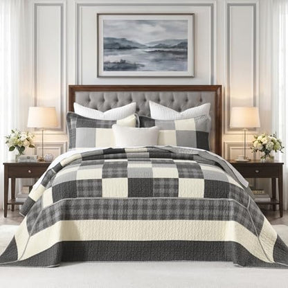 SahSahCasa 128"x120" Oversized King Quilt Set, 100% Cotton, California King Bedspread Coverlet, Cal King Quilted Bedspread Extra Large Quilt, XL Bed Spread Lightweight Comforter, 3pc, Charcoal/Cream