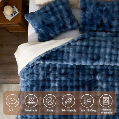 BEDELITE Tie Dye Faux Fur Comforter Set King,Thick Winter Comforter,Navy