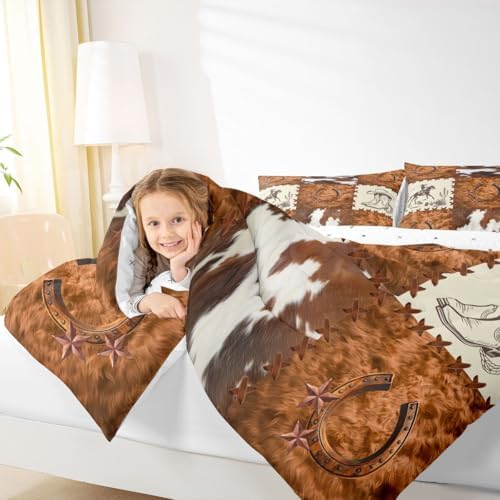 jejeloiu Cow Fur Print Kids Comforter Set Queen Size Animal Skin Bedding Set Checkered Duvet Quilt for Kids Boys Girls Bedroom Decor Microfiber Ultra Soft Breathable