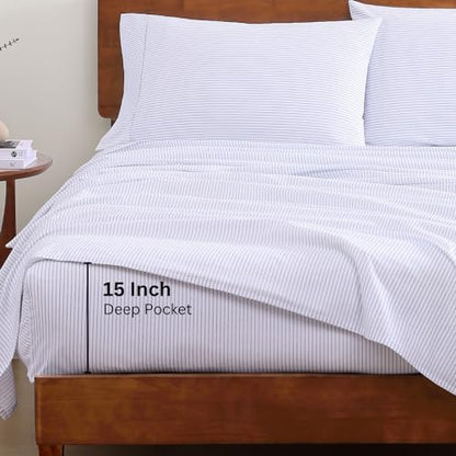 LANE LINEN Full Size Bed Sheets 100% Organic Cotton Soft - Ticking Stripe