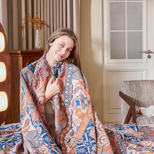 VANJOROY Boho Throw Blanket for Bed Couch 60" x 80", 100% Organic Cotton Skin-Friendly Ultra Soft Quilt Throw - Floral Rustic Living Room Decor Luxury Reversible Blanket for Sofa Chair and Gift