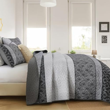 Cottolester Black White Quilt Set King,3 Pcs Boho Grey Striped Bedspread