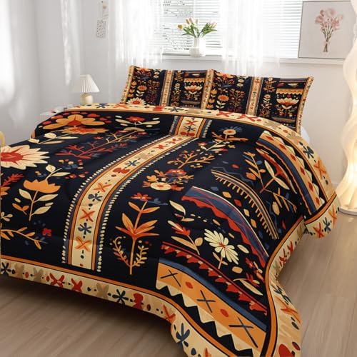 Nttopship Boho Floral Comforter Bedding Set with 2 Pillowcase Queen Size Retro Dark Floral Comforter Set for Kids Boys Girls Bedroom Decor