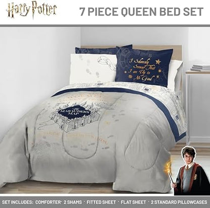 Harry Potter Queen Comforter Set 7 Piece Soft Fantasy Bedding, Beige