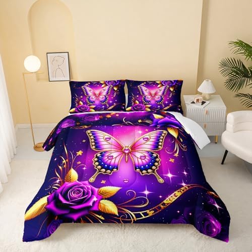 QOOMO Neon Butterfly Kids Comforter Set Queen Size