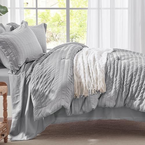 Queen Comforter Set 7 Piece, Light Grey Bed in a Bag Queen Bedding Sets