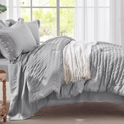 Queen Comforter Set 7 Piece, Light Grey Bed in a Bag Queen Bedding Sets