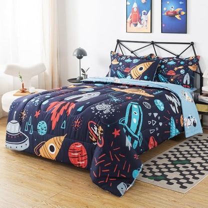 ADASMILE A & S Space Comforter Twin Size for Boys 6 Pieces Rocket Bedding