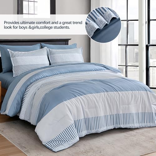 Blue Comforter Set Queen Size,Classic Striped Comforters for Boys & Girls
