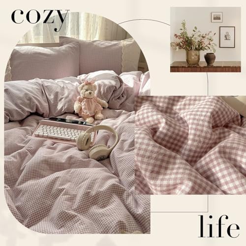 mixinni Purple White Gingham Duvet Cover Twin XL Size - 3 Piece Cottagecore Plaid Bedding Set with Lace Trim, Soft Washed Microfiber Vintage Aesthetic Grid Comforter Cover & Pillow Shams