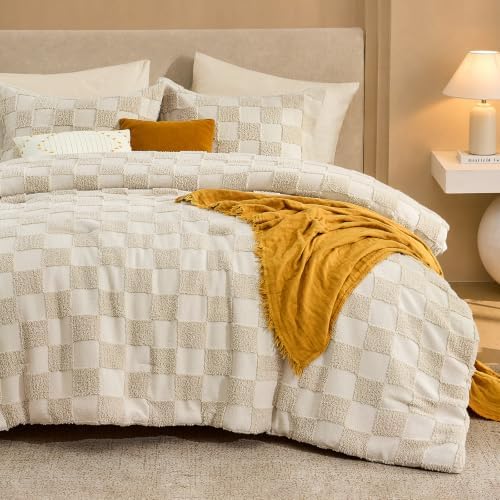 Sasttie Checkered Comforter Queen Set, 3 PC Boho Bedding, Tufted Bed, Beige
