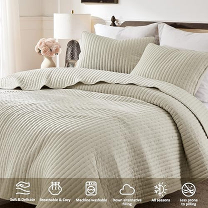 WDCOZY Beige Cross Stitch King Size Quilt Set, Netural Striped Lightweight Soft Bedspread, Channel Farmhouse Rustic Coverlet, All Season Country Bedding, Thin Comforter