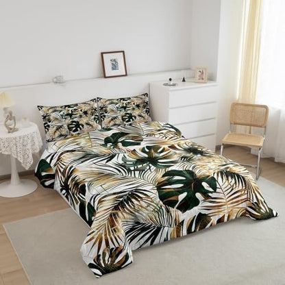 Gold Palm Tree Leaf Comforter Set Queen Tropical Botanical Bedding Set Watercolor Retro Plant Down Comforter For Kids Teens Men Women Jungle Nature Theme Quilt Duvet Set Dark Green 2 Pillow Cases