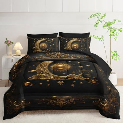 7 Piece Black and Gold Galaxy Comforter Set King Size，Sun and Moon Bedding Set King，(1 Comforter, 1 Flat Sheet, 1 Fitted Sheet, 2 Pillowcase and 2 Pillow Sham)，Astrology Bedroom Decor